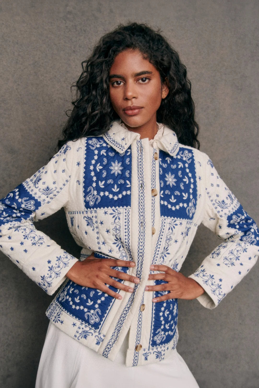 Blue Ecru Bandana Quilted Jacket-Massicos