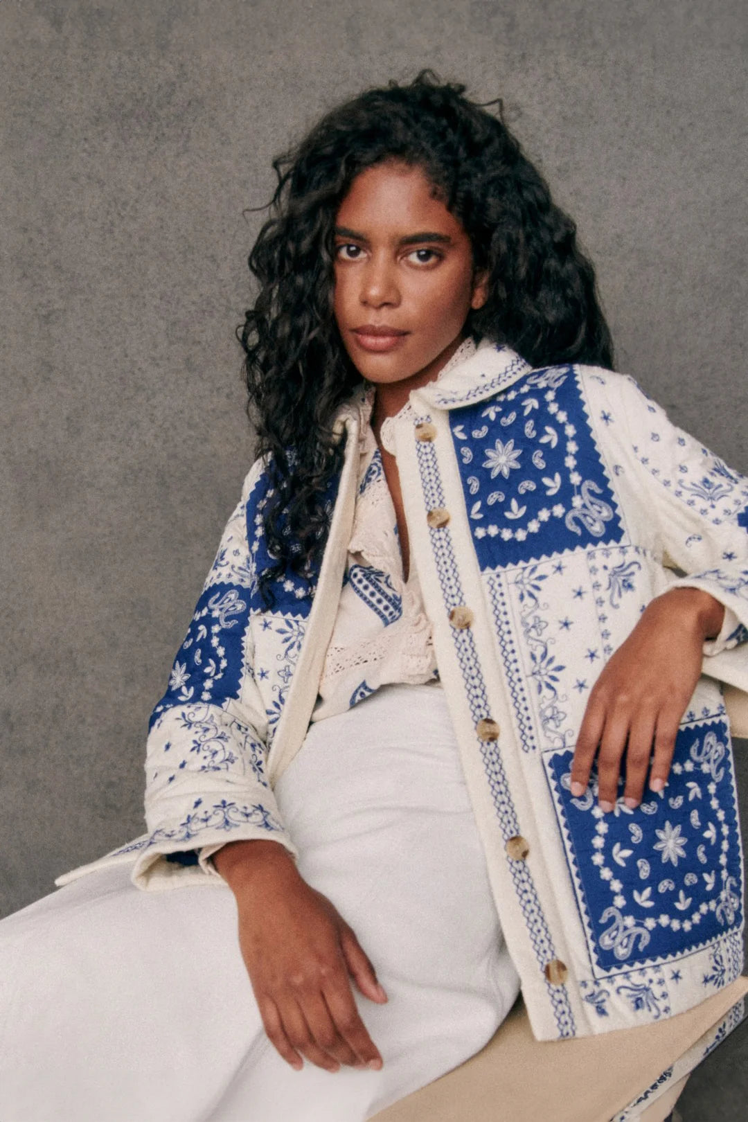 Blue Ecru Bandana Quilted Jacket-Massicos