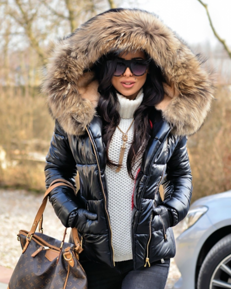 Trafni Womens Ladies Quilted Winter Coat Fur Collar Hooded Down Jacket Parka Outerwear S-XXXL-Massicos
