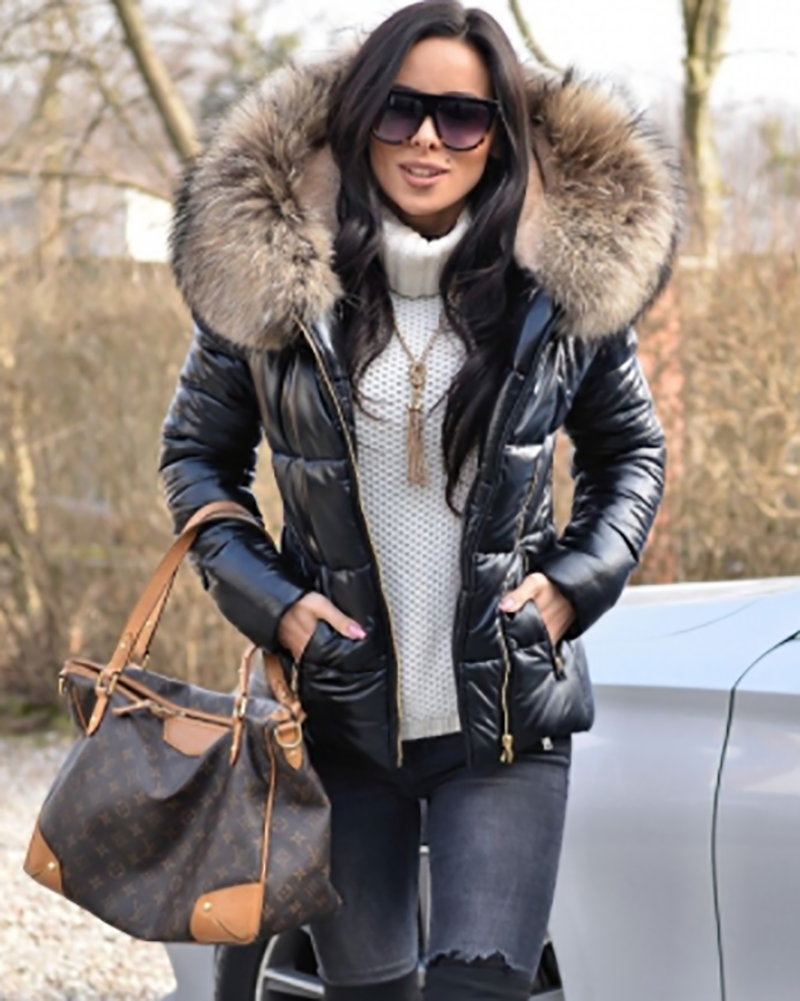 Trafni Womens Ladies Quilted Winter Coat Fur Collar Hooded Down Jacket Parka Outerwear S-XXXL-Massicos