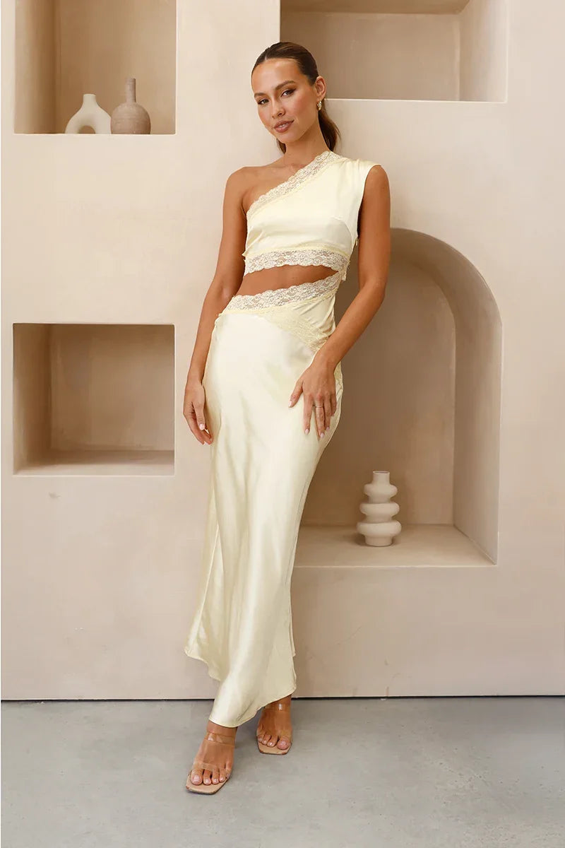 Emily One Shoulder Maxi Dress - Yellow-ROVOLE