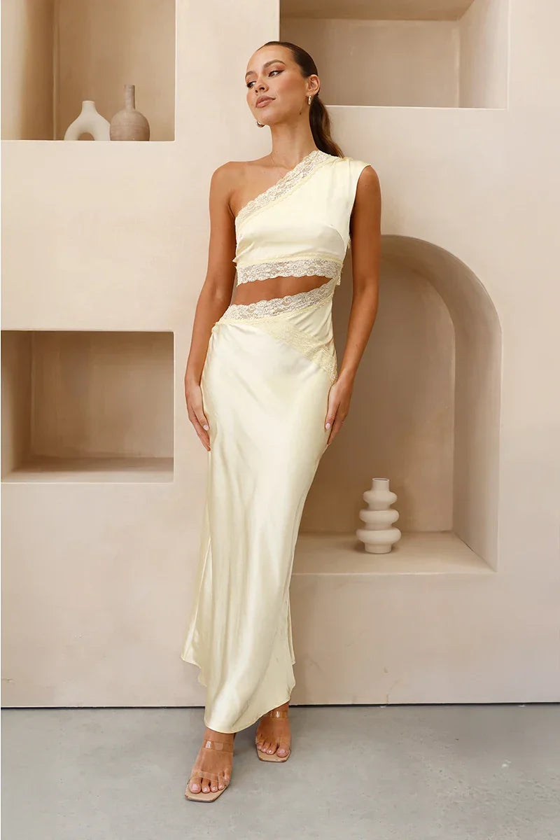 Emily One Shoulder Maxi Dress - Yellow-ROVOLE