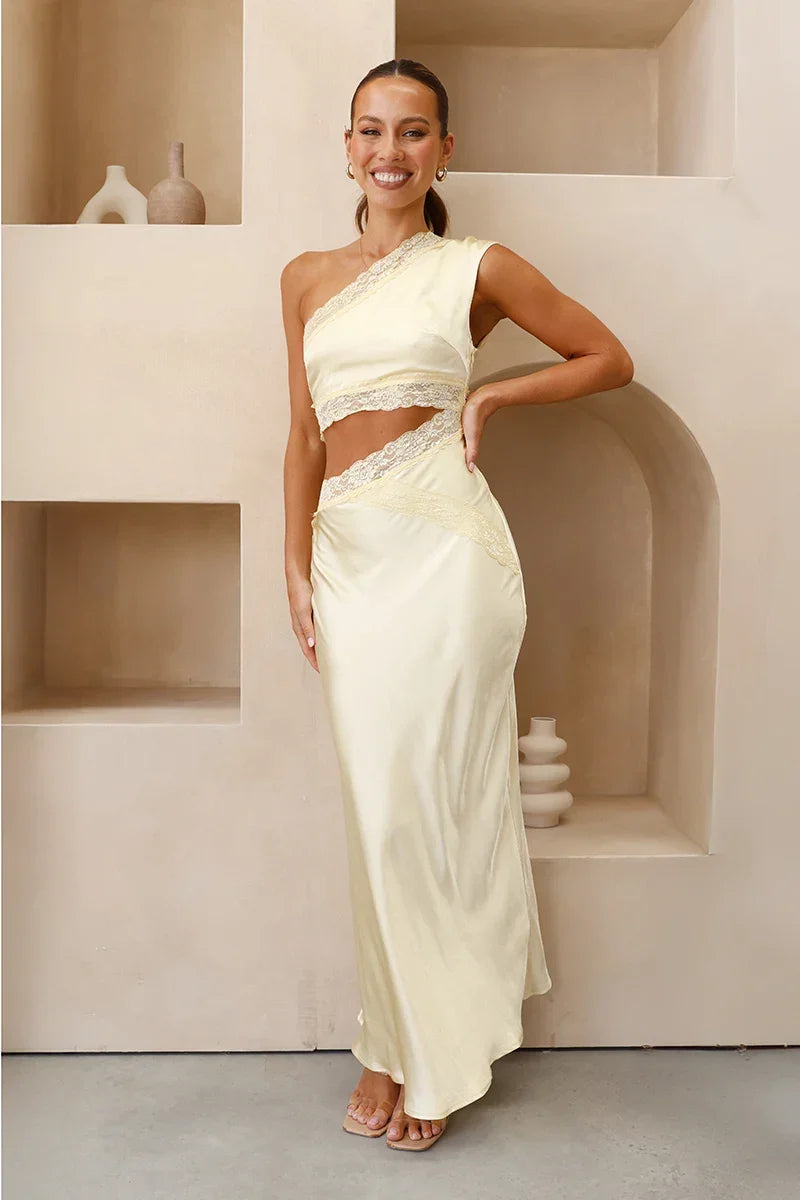 Emily One Shoulder Maxi Dress - Yellow-ROVOLE