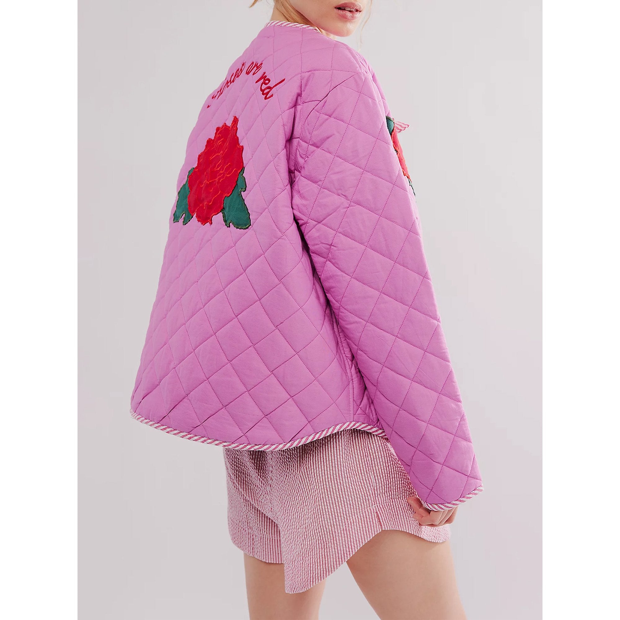 Rose Print Bow Pink Thin Jacket-Massicos