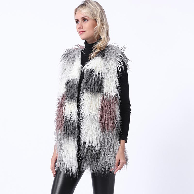 Color-blocked faux fur vests-Massicos