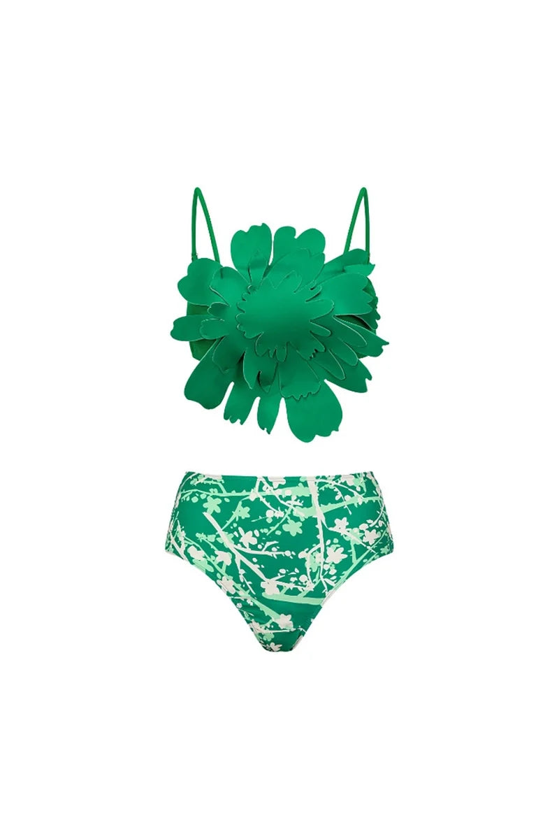 Floral Accent Green Printed Bikini Set-ROVOLE