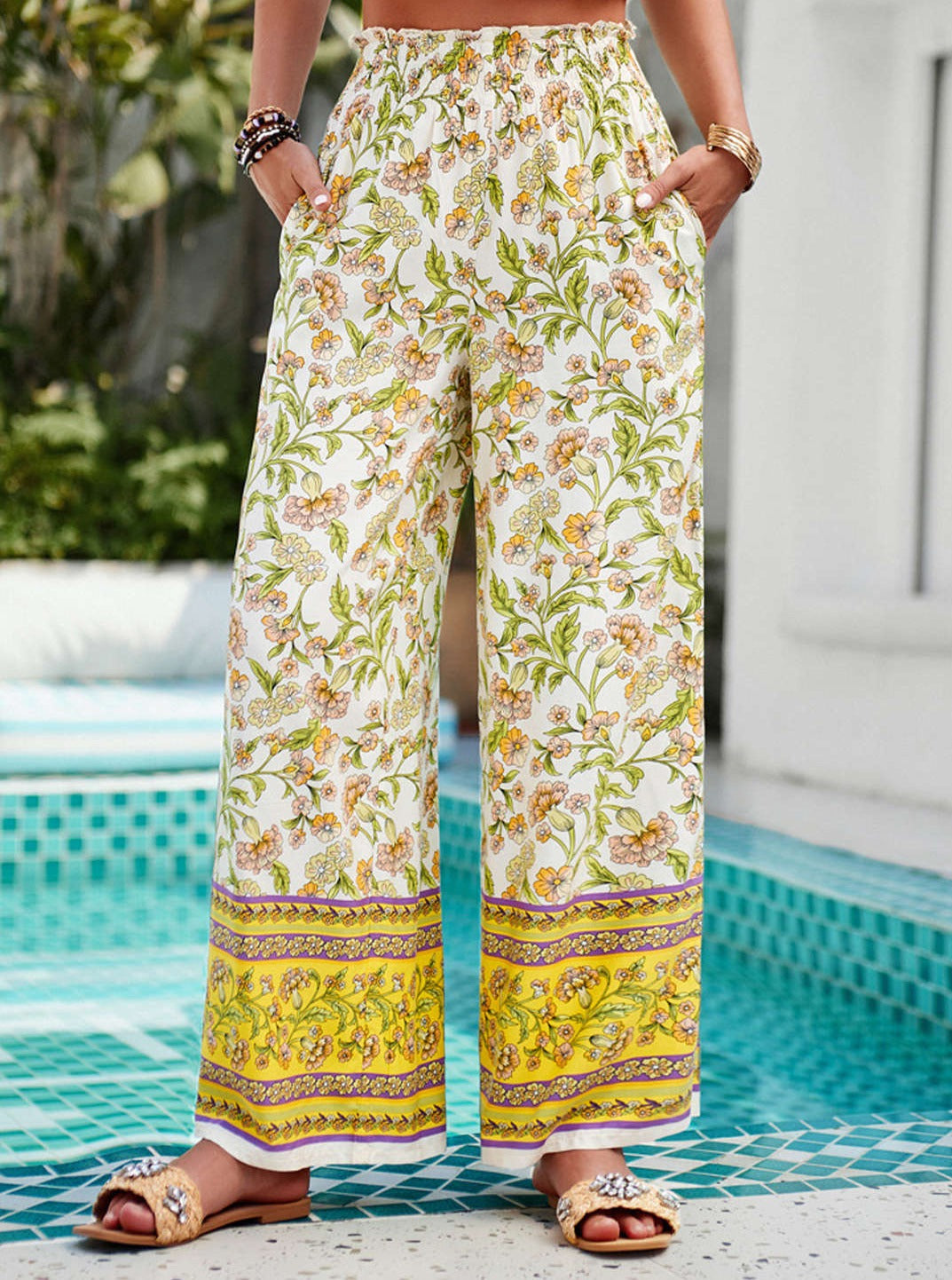 Floral Print High-Waist Wide Leg Pants-Massicos