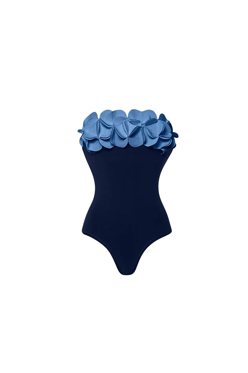 Blue 3D Floral Strapless Swimsuit-ROVOLE