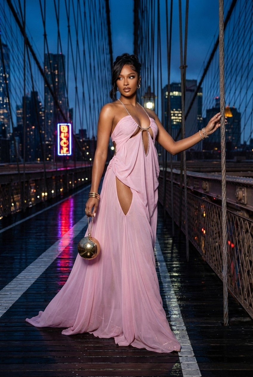 Rosé Éclat Crystal Halter Evening Gown