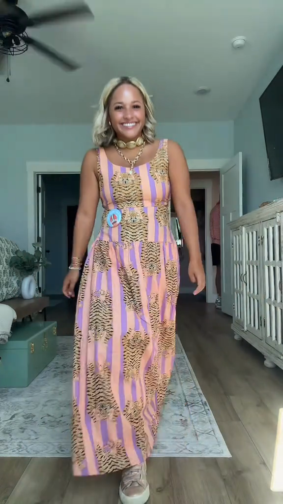 Striped Tiger Print Maxi Dress-ROVOLE