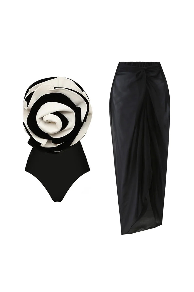 Black and White Floral Swimsuit Set-ROVOLE