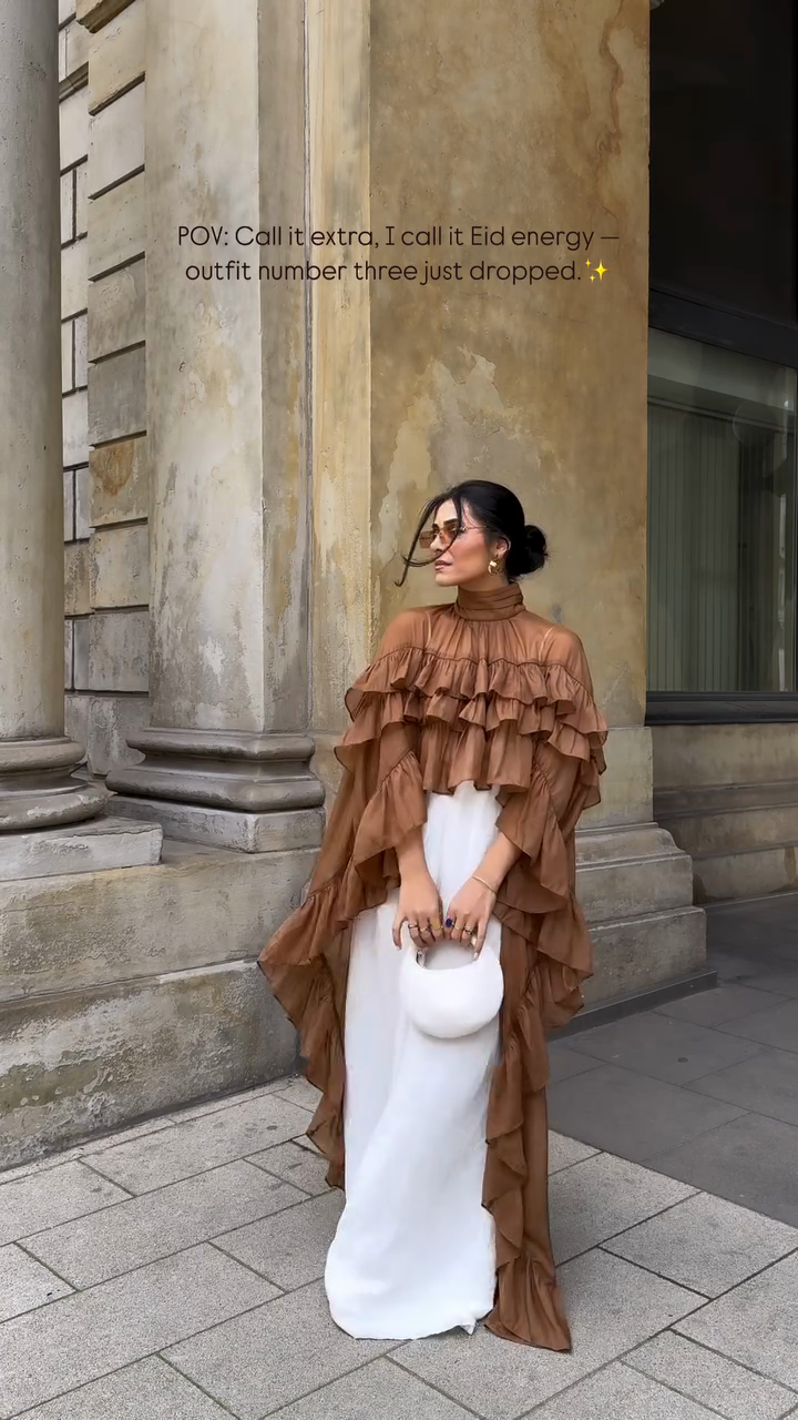 Ruffled cape-style top paired with wide-leg pants suit-Massicos