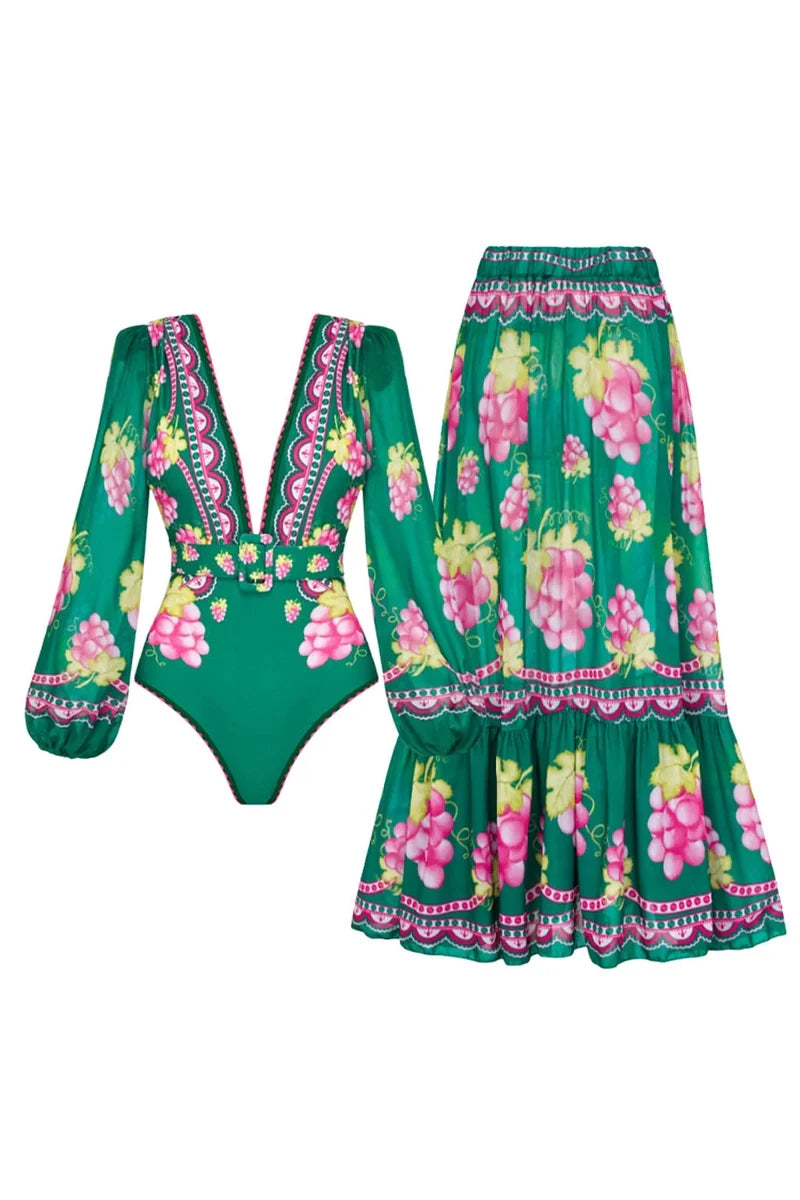 Deep V Retro Print Long Sleeve Swimsuit Set-ROVOLE