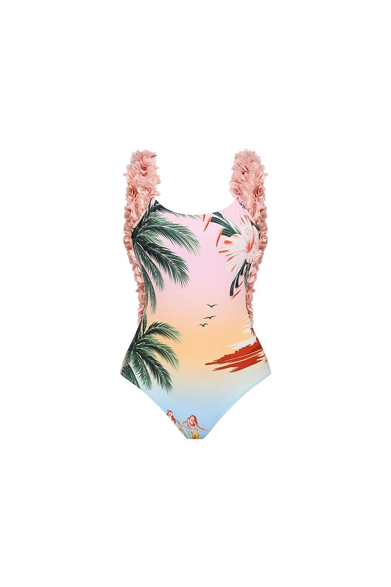 Coconut Tree Print Appliqué One-Piece Swimsuit-ROVOLE