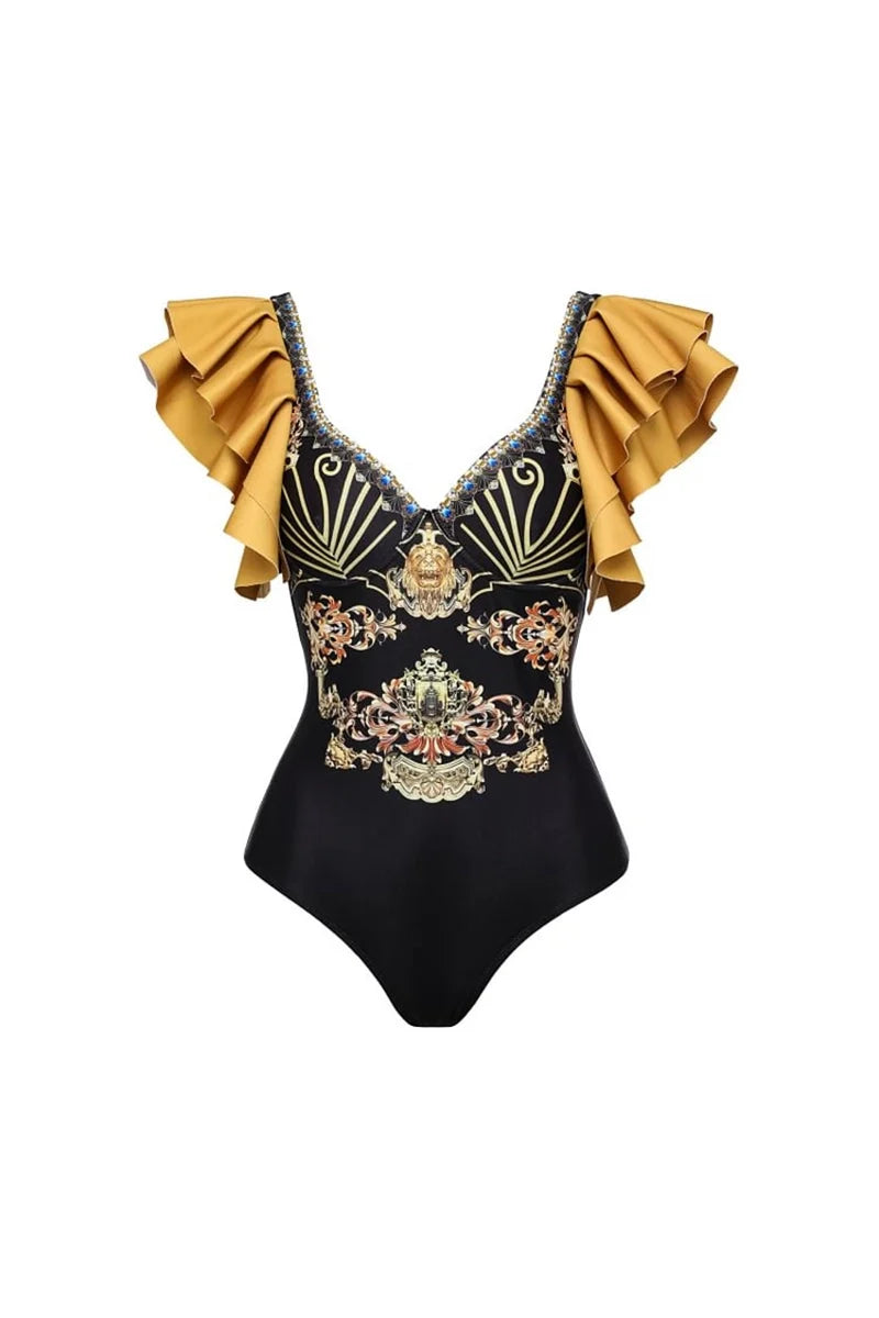 Black Gold Ruffle Swimsuit Set-ROVOLE