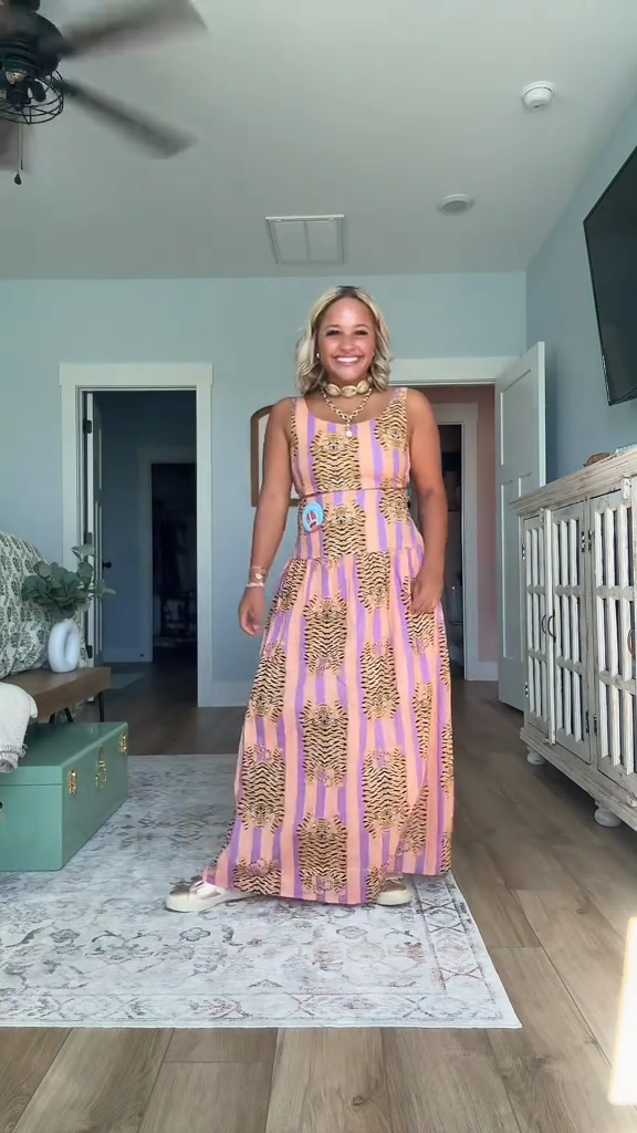 Striped Tiger Print Maxi Dress-ROVOLE