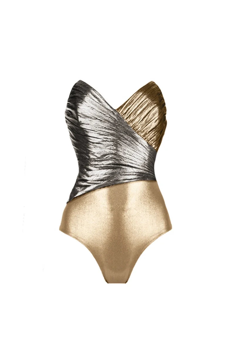Cutout Gold Patchwork One-Piece Skirt Set-ROVOLE