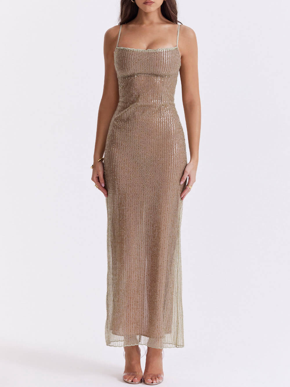 Cafe Au Lait Beaded Maxi Dress-Massicos