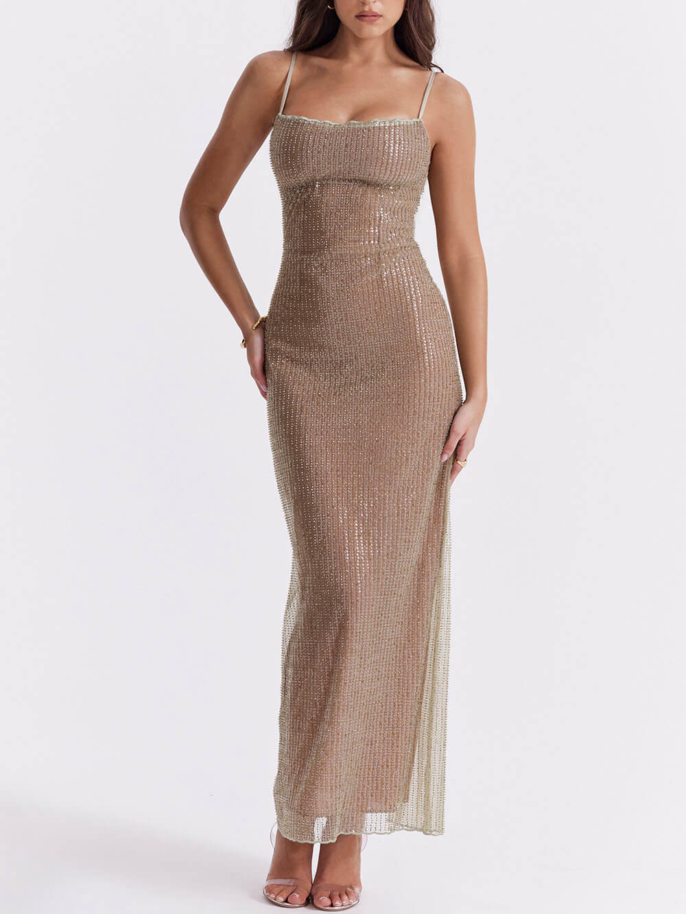 Cafe Au Lait Beaded Maxi Dress-Massicos