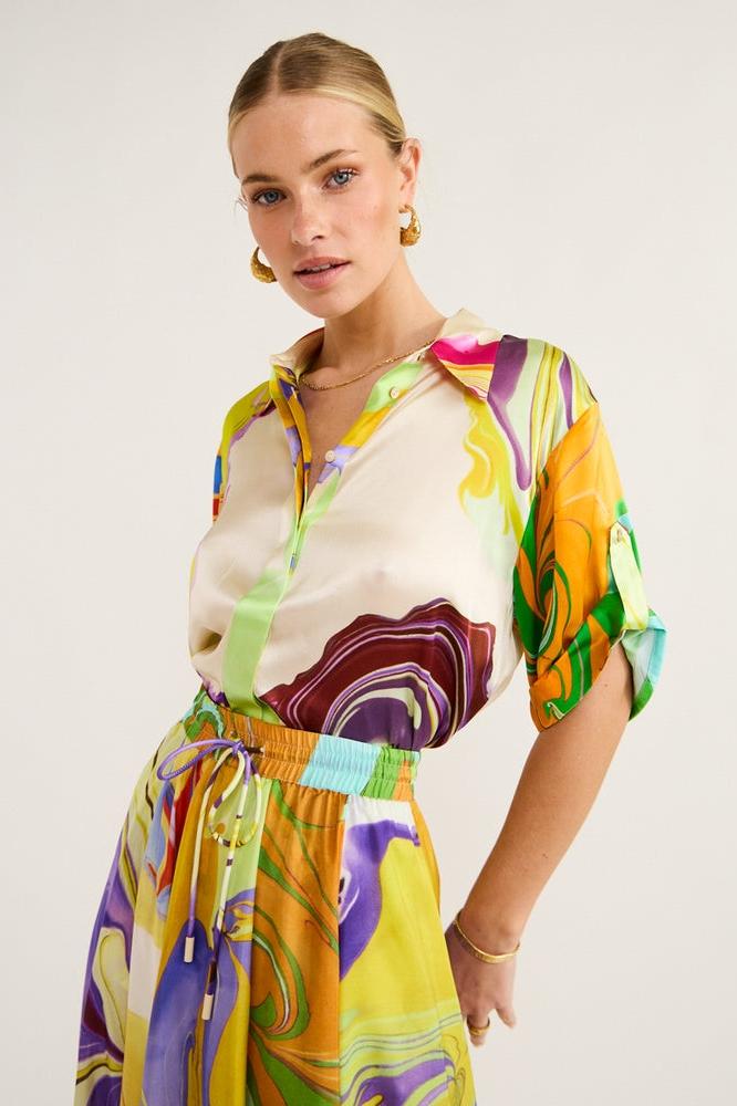 Anna Printed Satin Blouse Set-ROVOLE