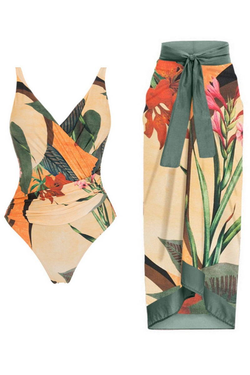 Backless Printed One Piece Swimsuit  Set-ROVOLE
