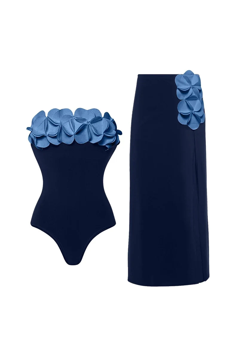 Blue 3D Floral Strapless Swimsuit-ROVOLE