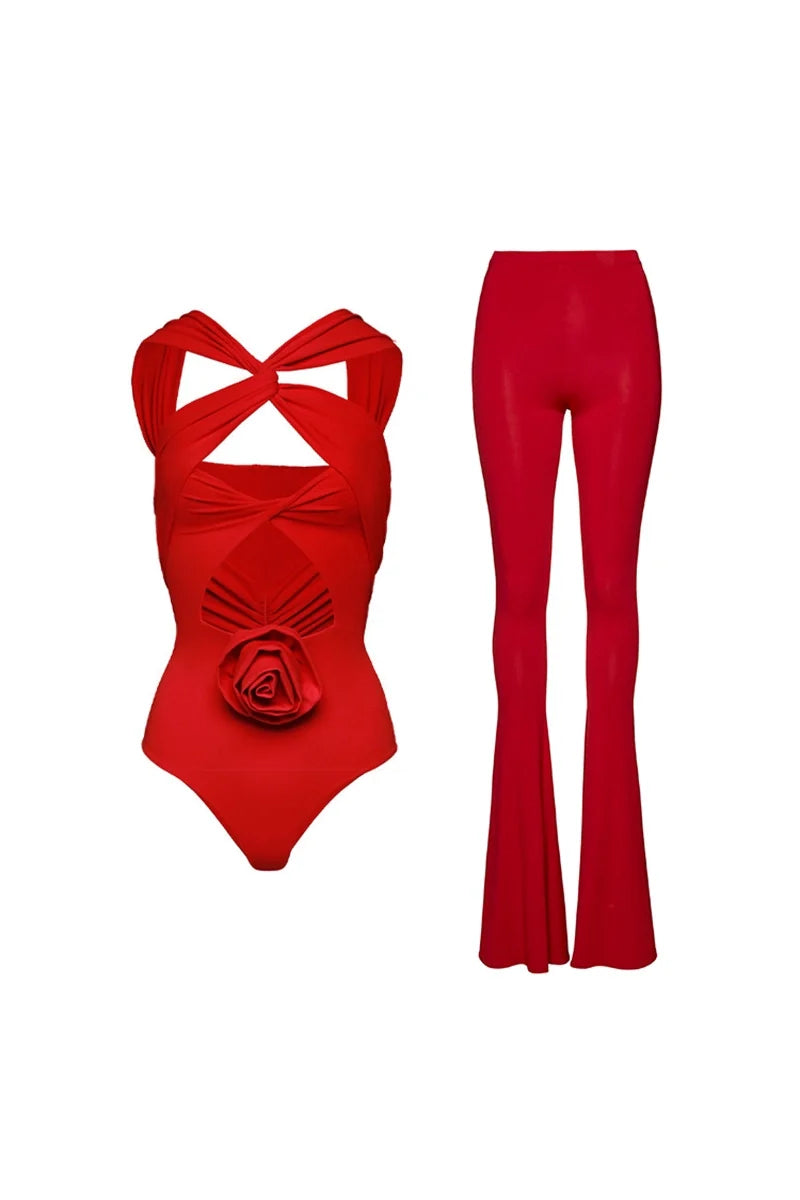 Floral Appliqué Cutout Swimsuit Set-ROVOLE