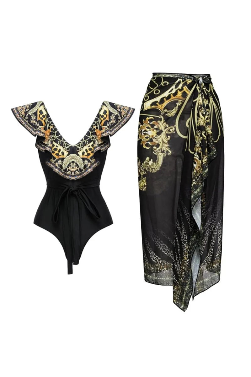 Black Gold Print Ruffle Tie Swimsuit Set-ROVOLE