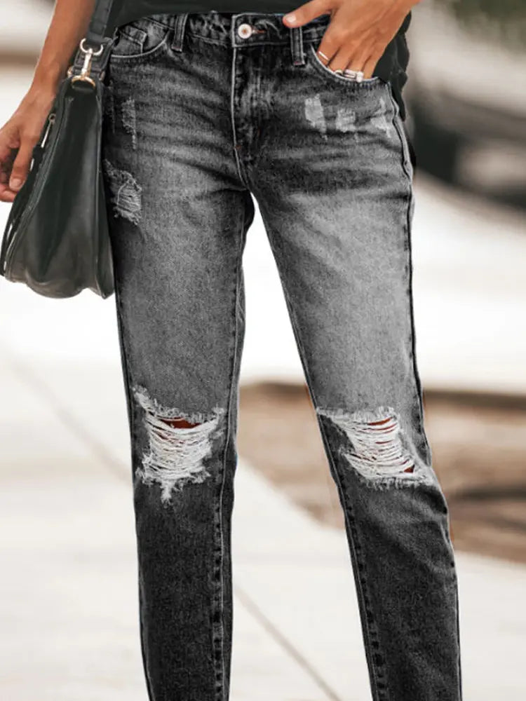 Trendy Distressed Denim Casual Pants-Massicos