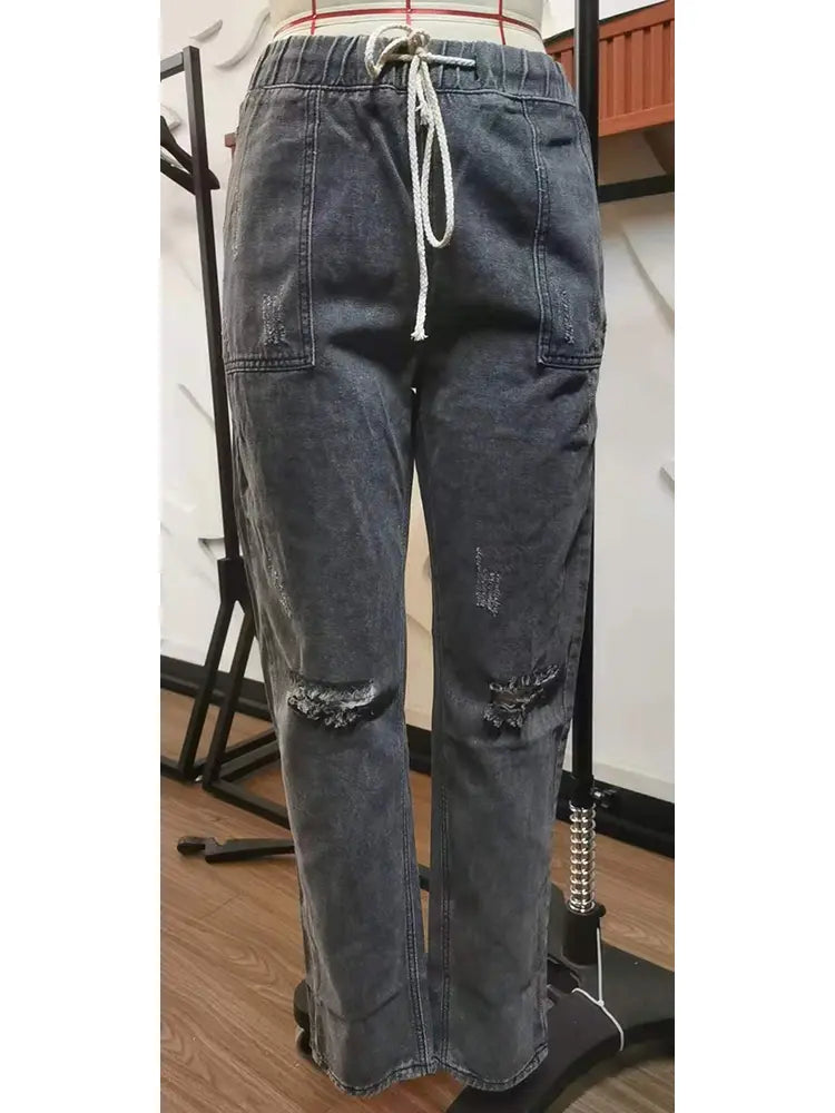 Autumn Drawstring Waist Distressed Denim Pants-Massicos