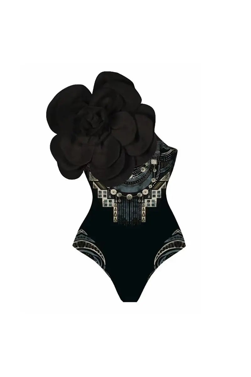 3D Black Floral Bust Decor Printed Swimsuit-ROVOLE