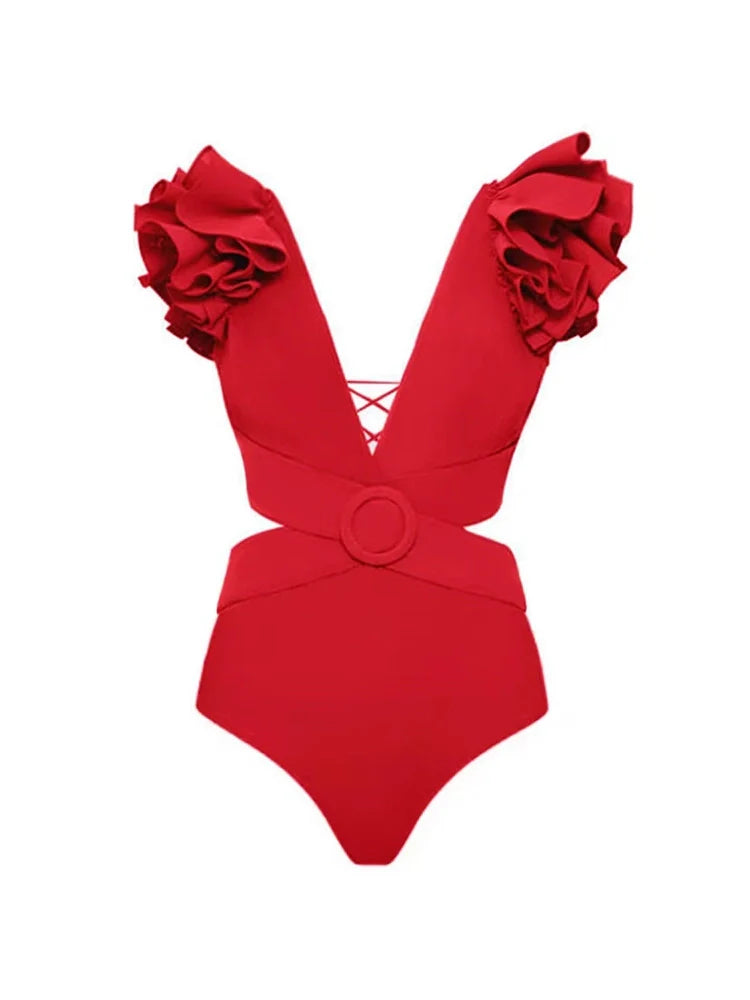 3D Floral Shoulder Embellished Cutout Swimsuit-ROVOLE