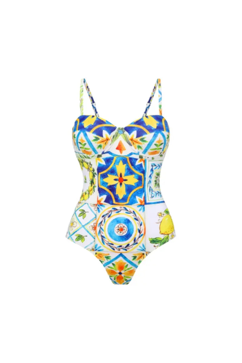 Lemon Print Backless One Piece Swimsuit Set-ROVOLE
