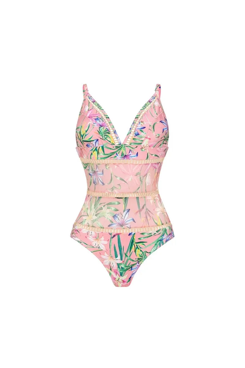 Mesh Patchwork Printed Swimsuit Set-ROVOLE