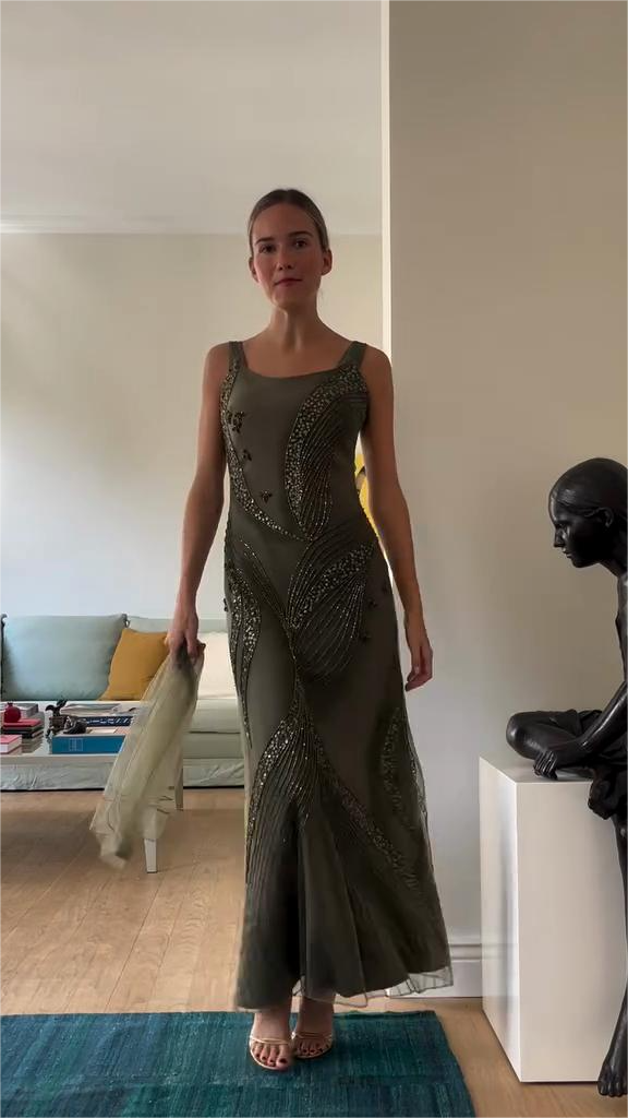 Embellished Olive - Green Evening Gown-ROVOLE