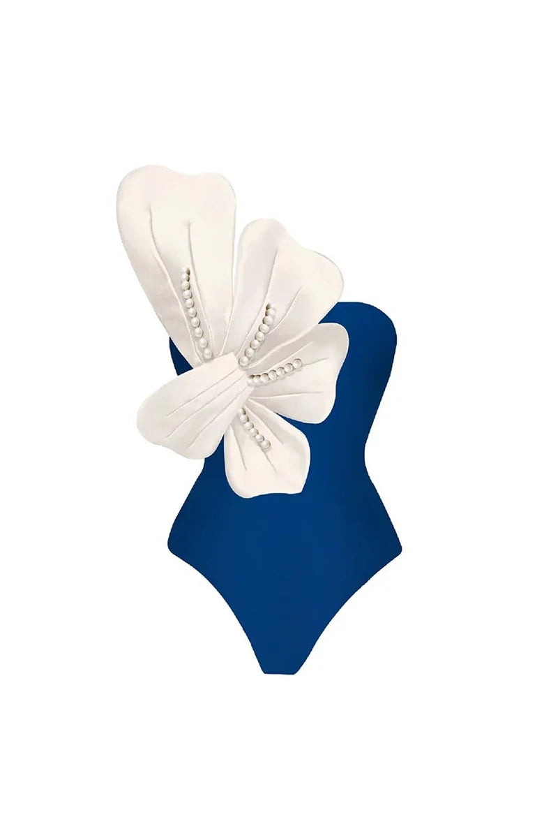 Blue Swimsuit Set Pearl Floral Accents-ROVOLE