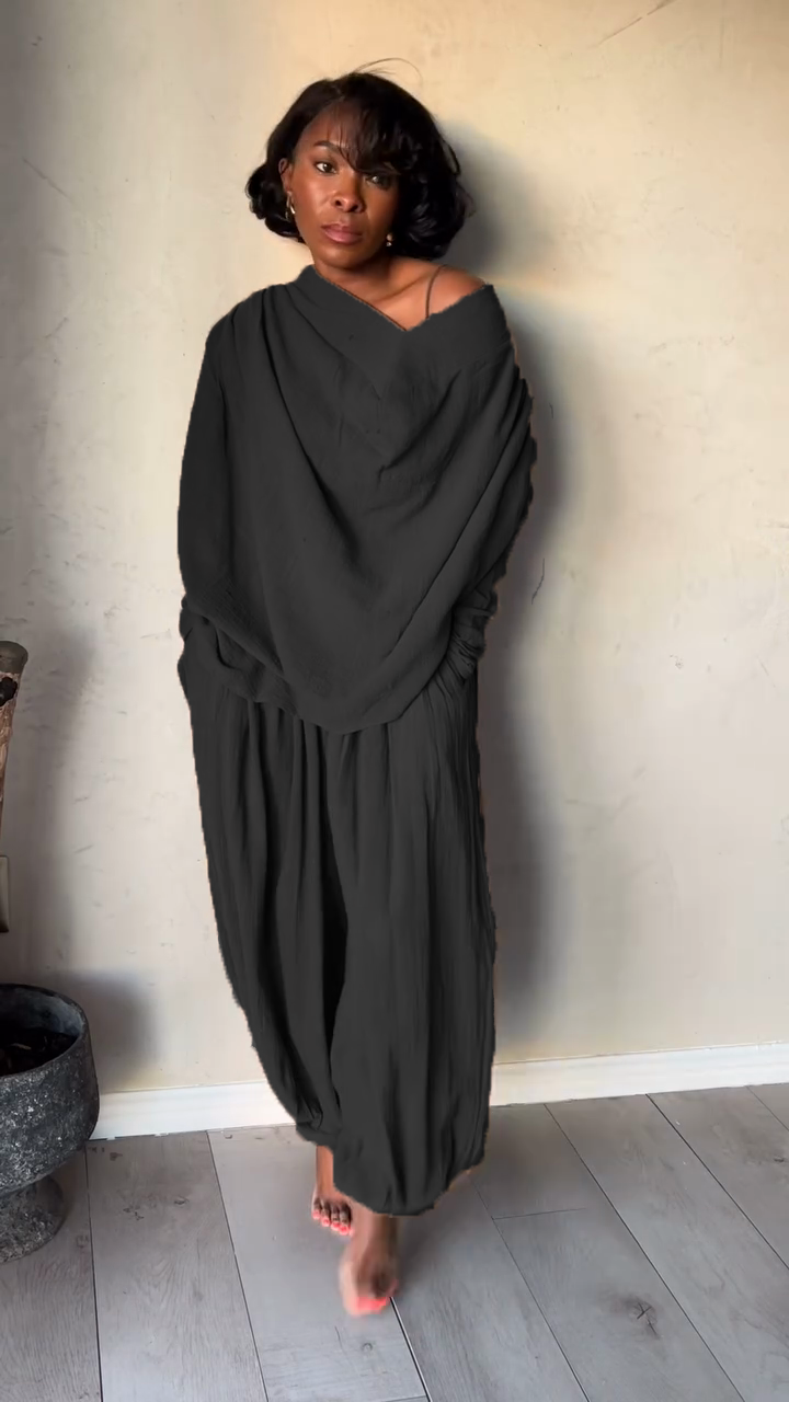 Taupe Off - the - Shoulder Top and Baggy Pants Set-Massicos