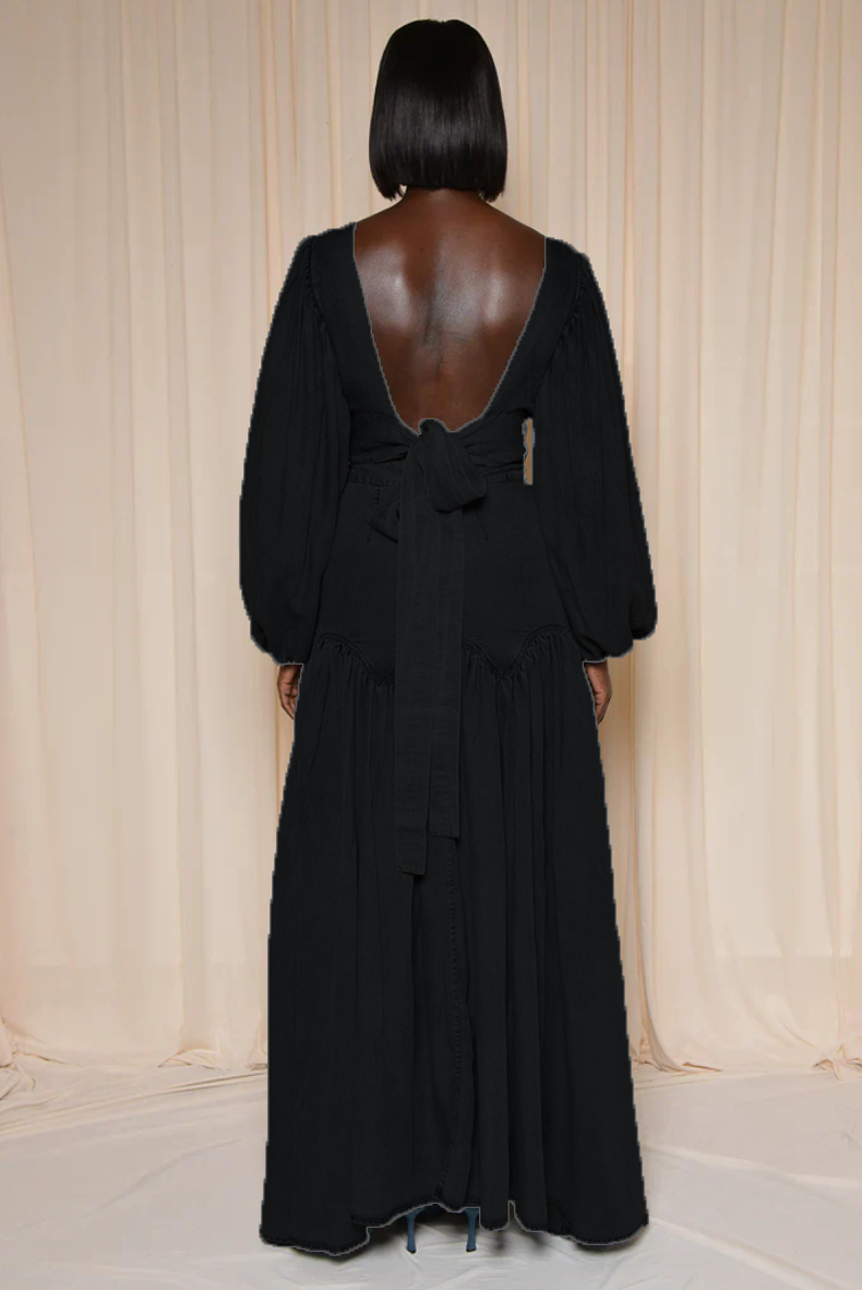 Blue Denim Deep V Neck Maxi Dress-Massicos