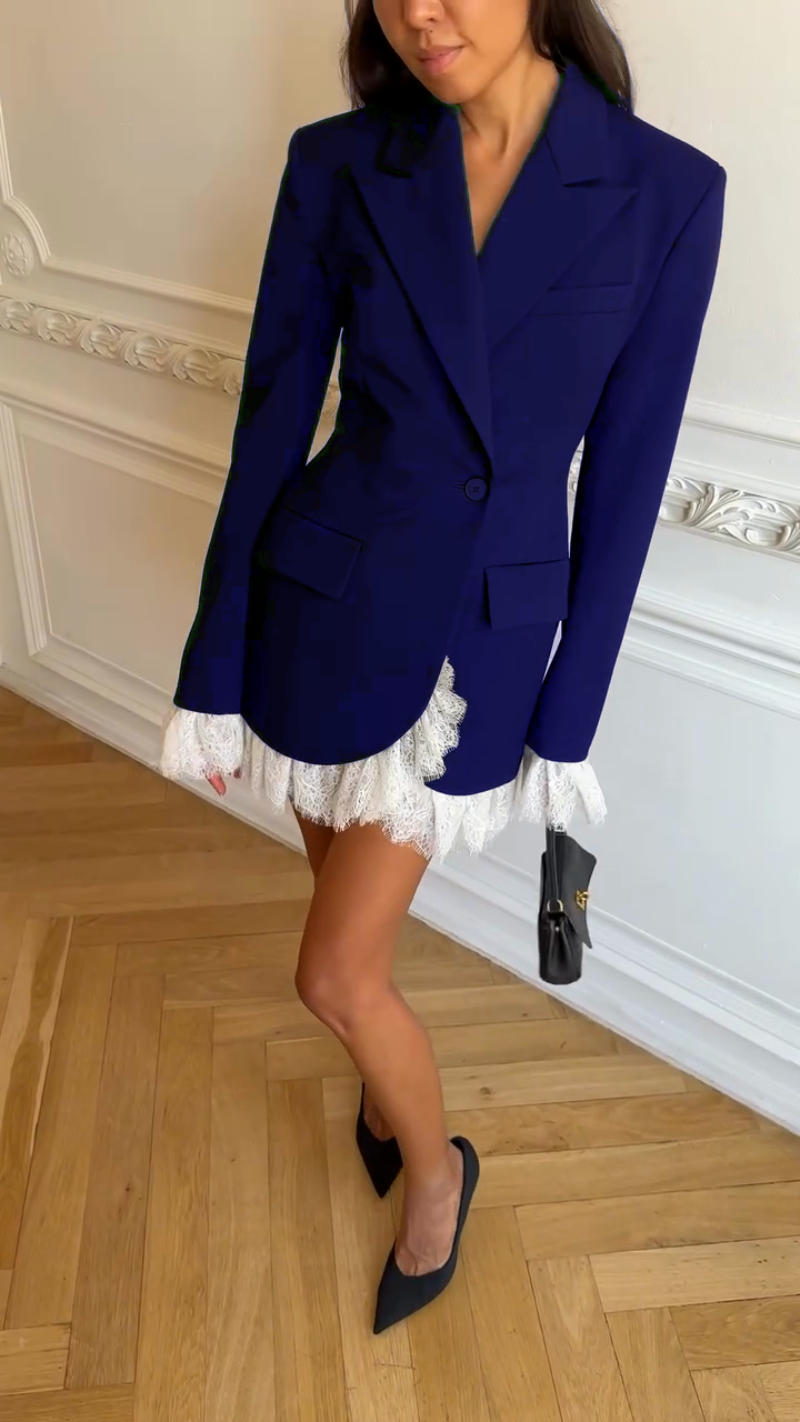 Black Blazer Dress with White Lace Trim-Massicos