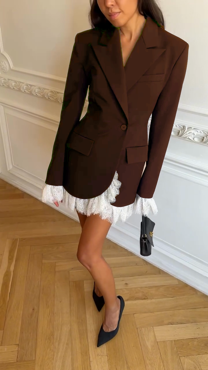 Black Blazer Dress with White Lace Trim-Massicos
