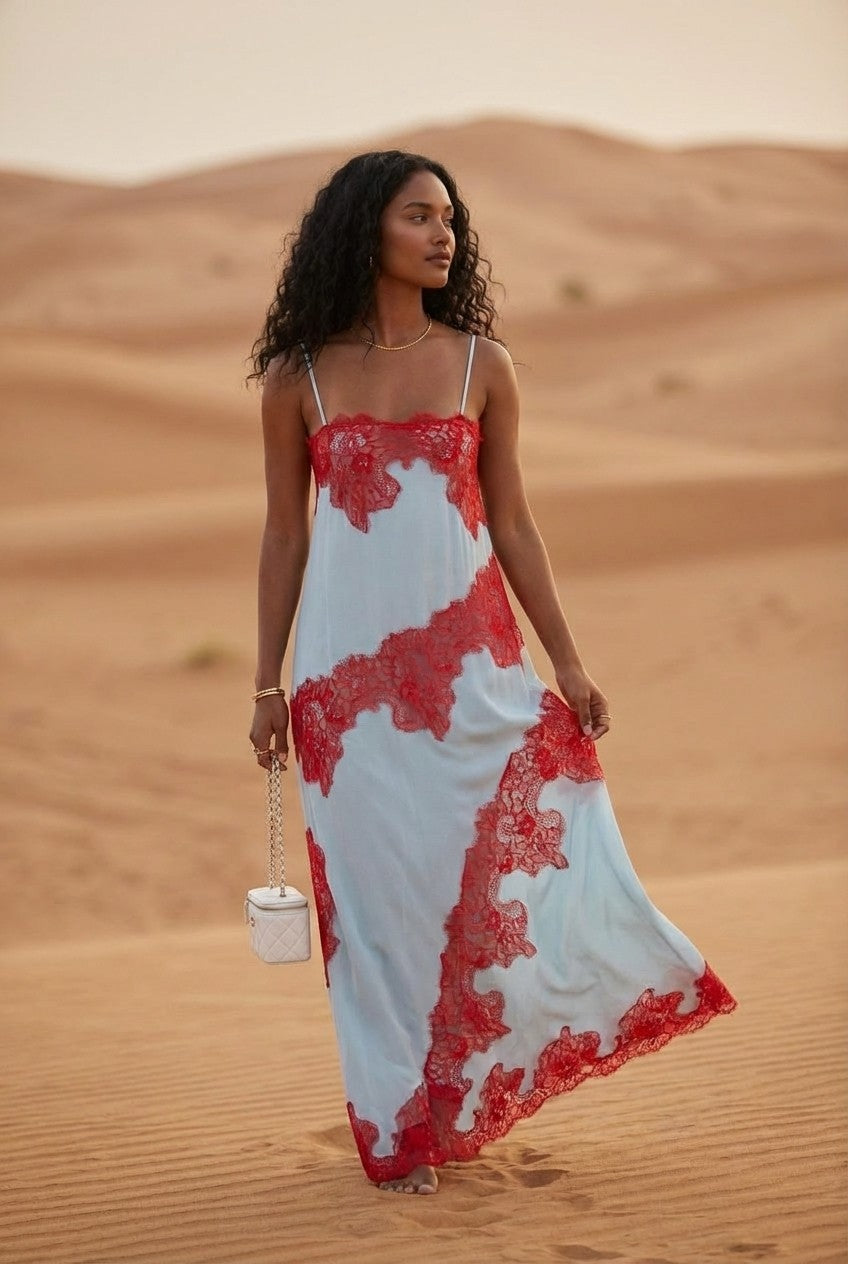 Floral Lace Trimmed Satin Slip Maxi Dress Light Blue