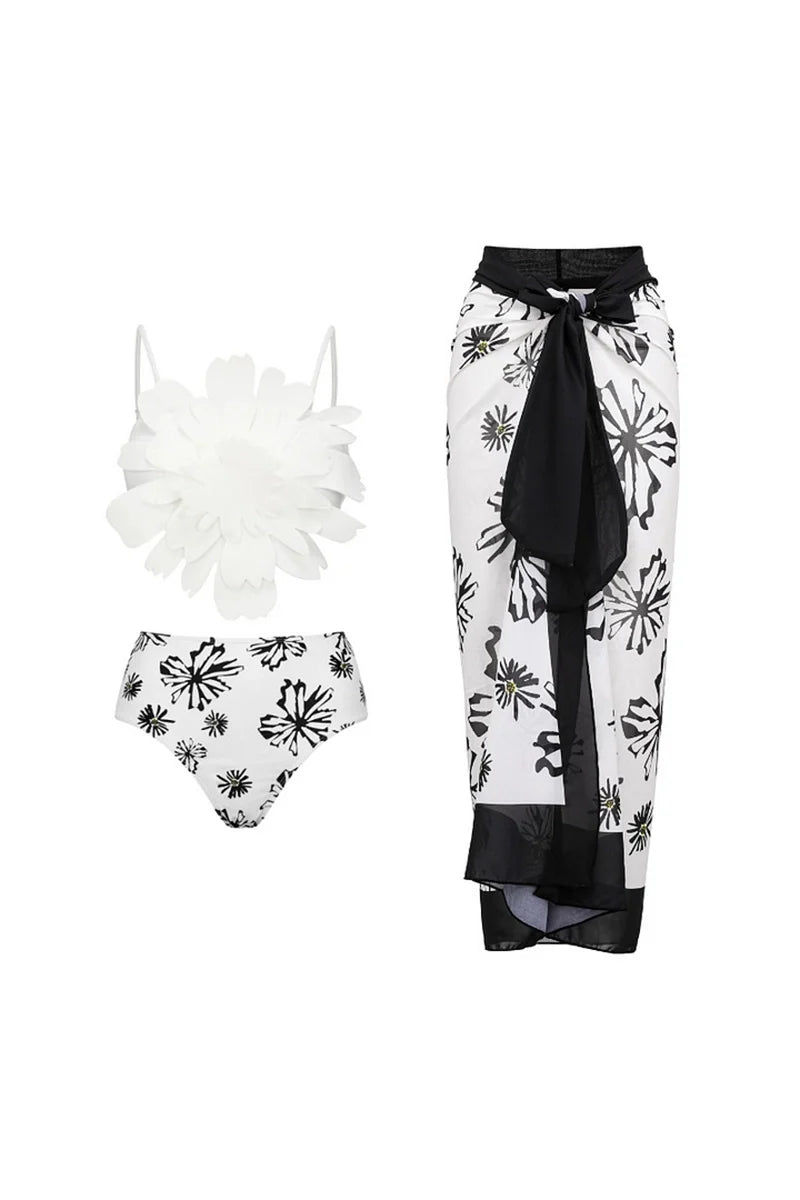 Floral Trim White Printed Bikini Set-ROVOLE