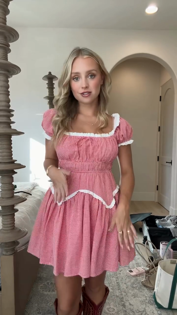 Pink Gingham Square - Neck Mini Dress-Massicos