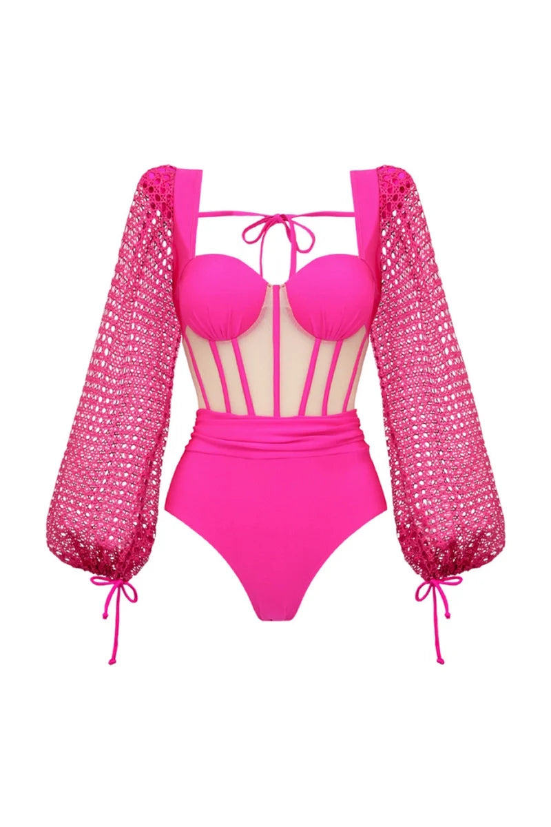 Fluorescent Pink Backless Swimsuit Set-ROVOLE