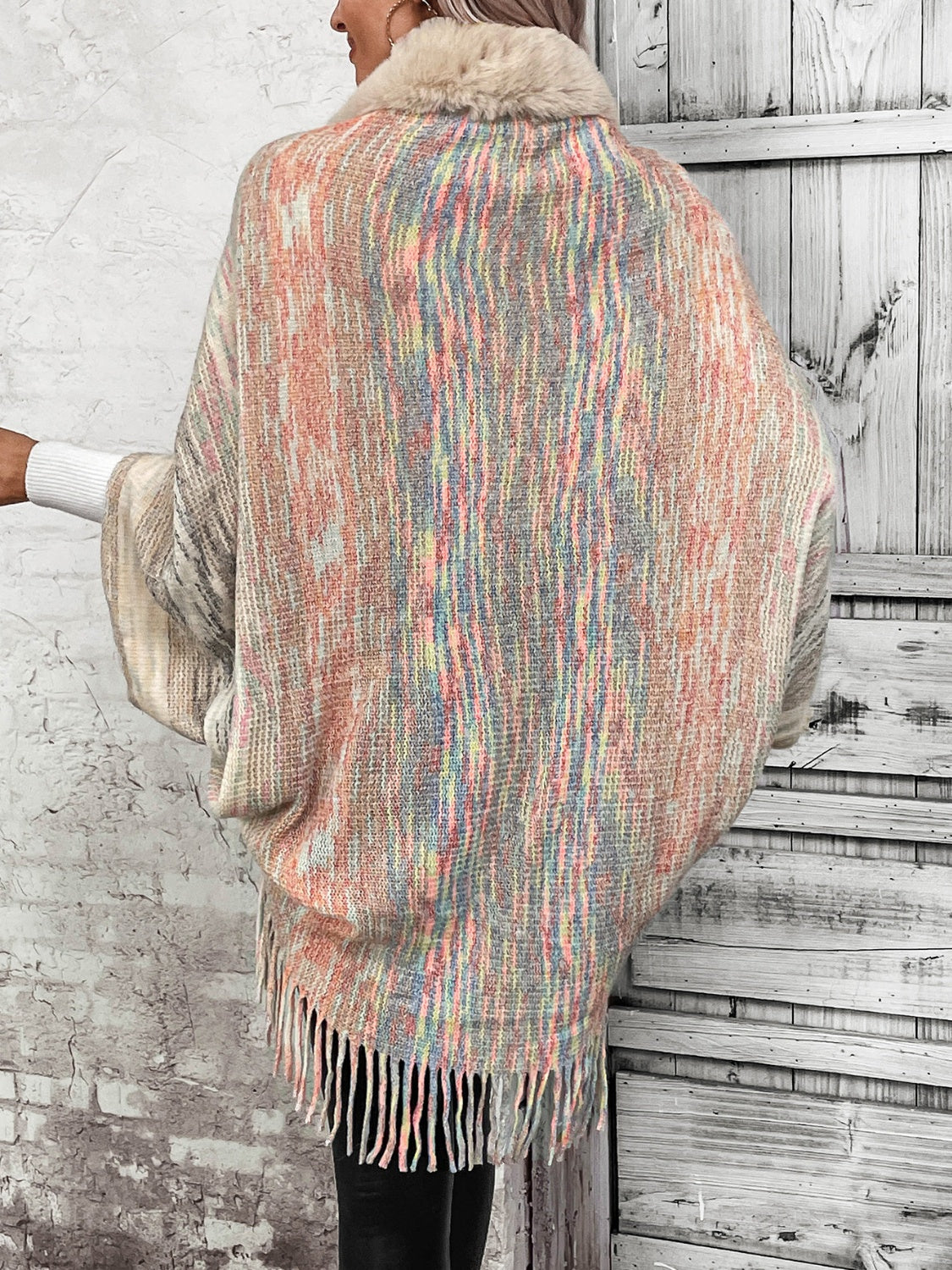 Open Front Fringe Hem Poncho-Massicos