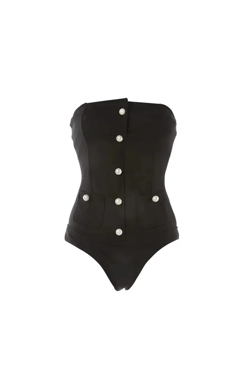 Chic Pearl Button Strapless Swimsuit-ROVOLE