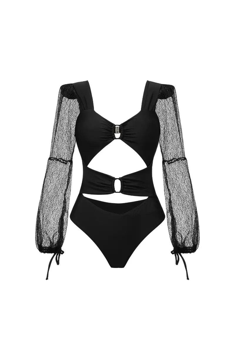 Long Sleeve Sheer Mesh Cutout Swimsuit-ROVOLE