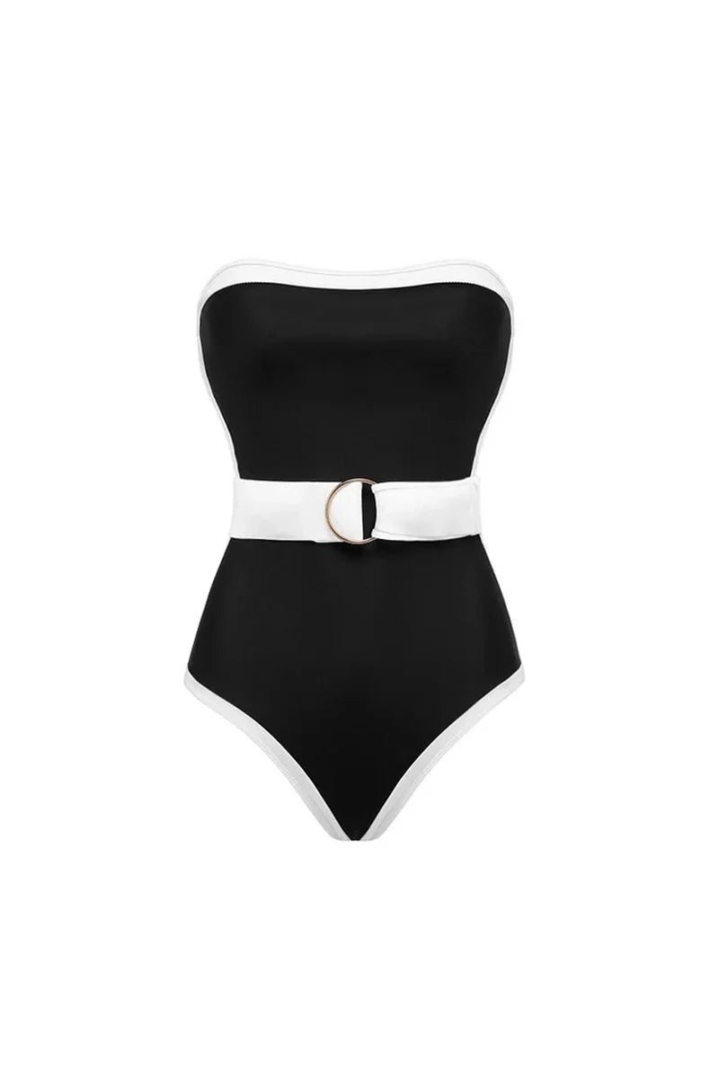 Black White Contrast Luxe Resort Swimsuit-ROVOLE