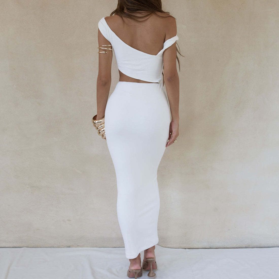 Louanne Diagonal Collar White Robe Maxi Dress-ROVOLE