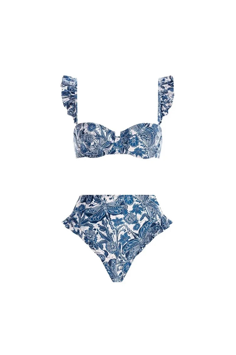 Blue Dragonfly Print Ruffle Bikini Set-ROVOLE